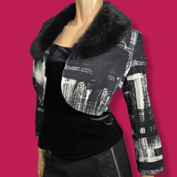 Vintage Bolero Jacket Faux Fur Collar Size L Black White Abstract Print Italy - Picture 6 of 13
